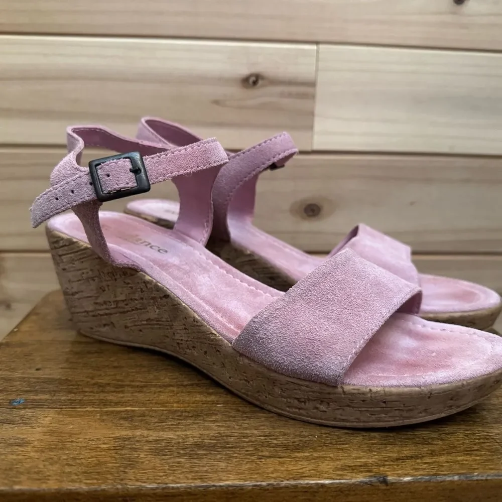 Sundance Size 40 (9) Pink Leather Suede Cork Wedge Platform Sandal Shoes